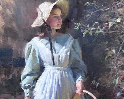 Morgan Weistling Basket Of Sunshine country girl period clothing rural farm ranch woman girl female figure figurative western oil painting fruit basket