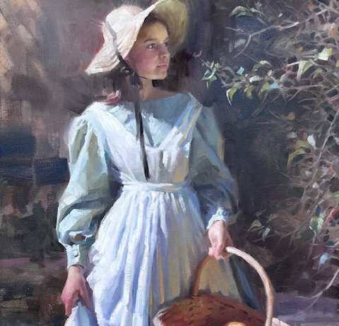 Morgan Weistling Basket Of Sunshine country girl period clothing rural farm ranch woman girl female figure figurative western oil painting fruit basket