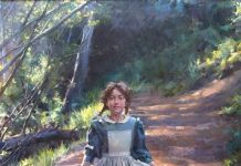 Morgan Weistling Shady Trail woman girl female figure figurative walking dirt path country ranch farm western oil painting