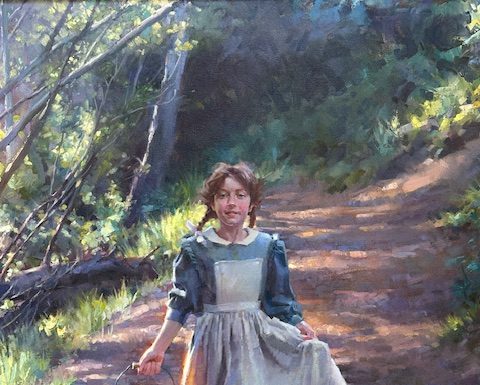Morgan Weistling Shady Trail woman girl female figure figurative walking dirt path country ranch farm western oil painting