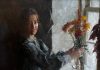 Morgan Weistling The Arrangement woman female girl portrait floral flowers interior farm ranch western oil painting