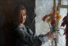 Morgan Weistling The Arrangement woman female girl portrait floral flowers interior farm ranch western oil painting