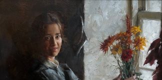 Morgan Weistling The Arrangement woman female girl portrait floral flowers interior farm ranch western oil painting