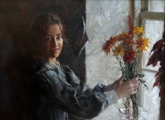 Morgan Weistling The Arrangement woman female girl portrait floral flowers interior farm ranch western oil painting