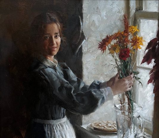 Morgan Weistling The Arrangement woman female girl portrait floral flowers interior farm ranch western oil painting