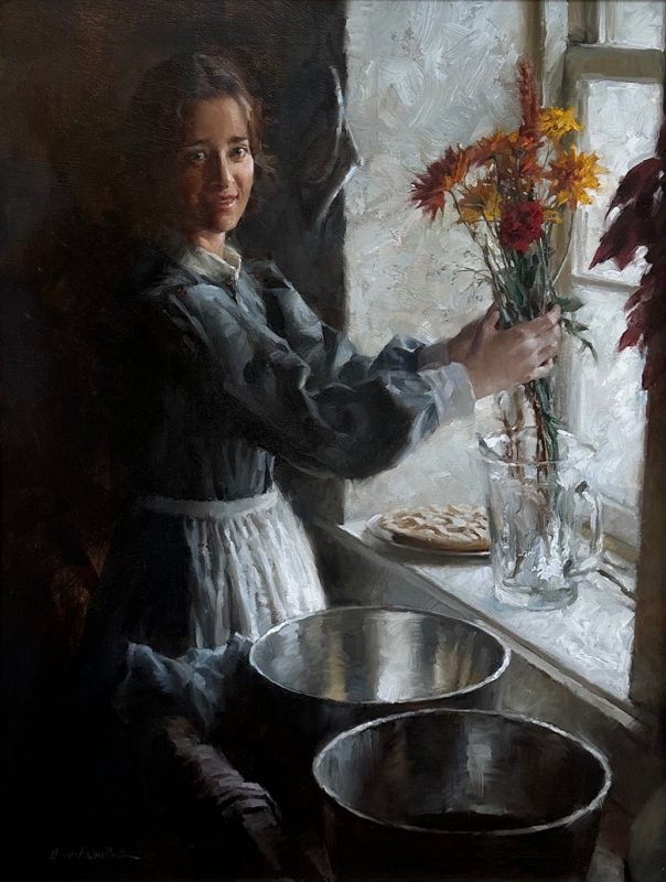 Morgan Weistling The Arrangement woman female girl portrait floral flowers interior farm ranch western oil painting