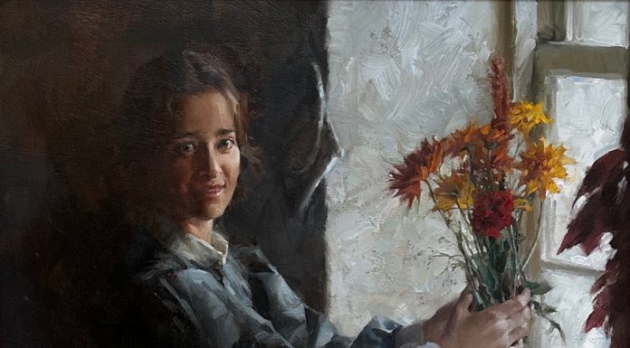 Morgan Weistling The Arrangement woman female girl portrait floral flowers interior farm ranch western oil painting