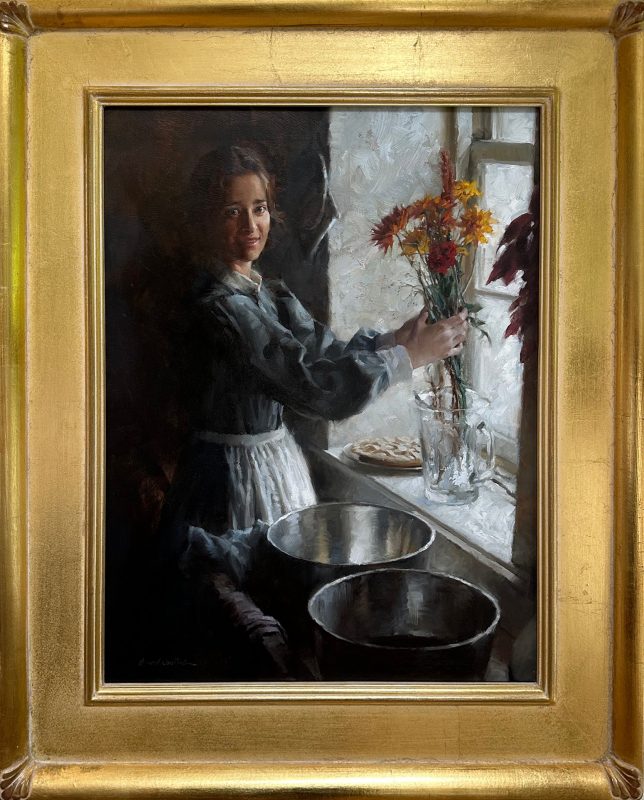 Morgan Weistling The Arrangement woman female girl portrait floral flowers interior farm ranch western oil painting framed