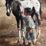 Ray Swanson Are We Friends Yet? Native American girl baby horse colt paint western oil painting sold