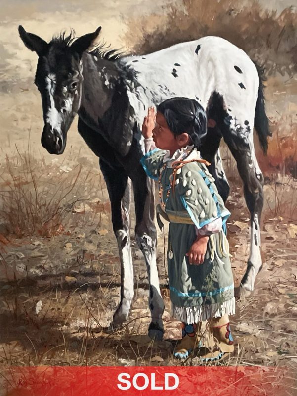 Ray Swanson Are We Friends Yet? Native American girl baby horse colt paint western oil painting sold