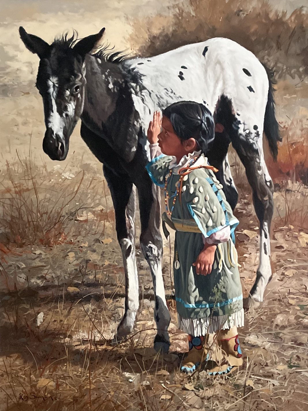 Ray Swanson Are We Friends Yet? Native American girl baby horse colt paint western oil painting