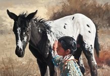 Ray Swanson Are We Friends Yet? Native American girl baby horse colt paint western oil painting