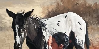 Ray Swanson Are We Friends Yet? Native American girl baby horse colt paint western oil painting