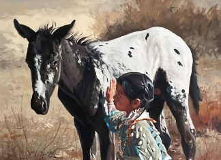 Ray Swanson Are We Friends Yet? Native American girl baby horse colt paint western oil painting