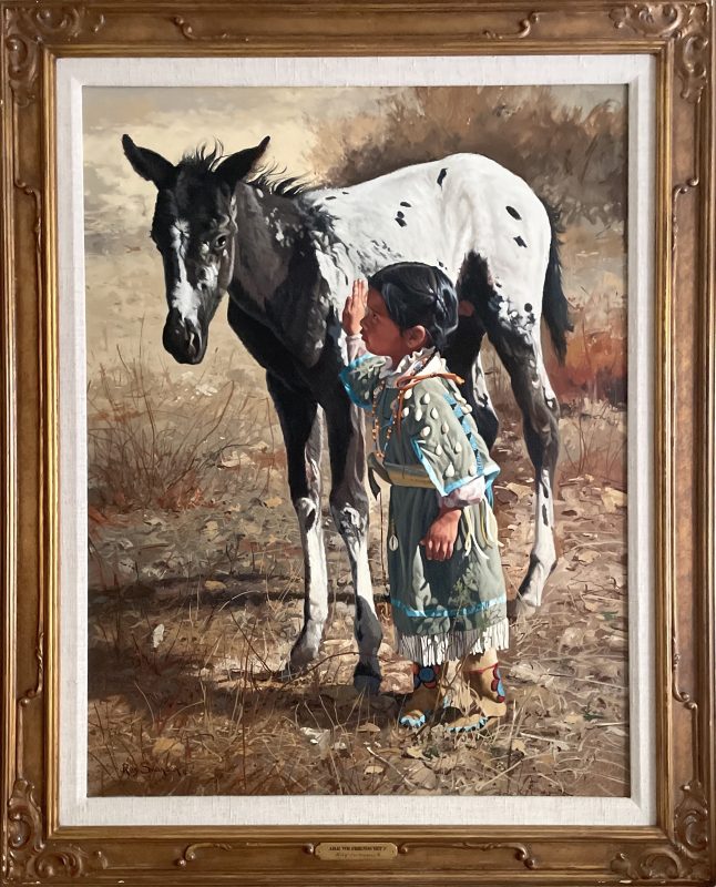 Ray Swanson Are We Friends Yet? Native American girl baby horse colt paint western oil painting framed