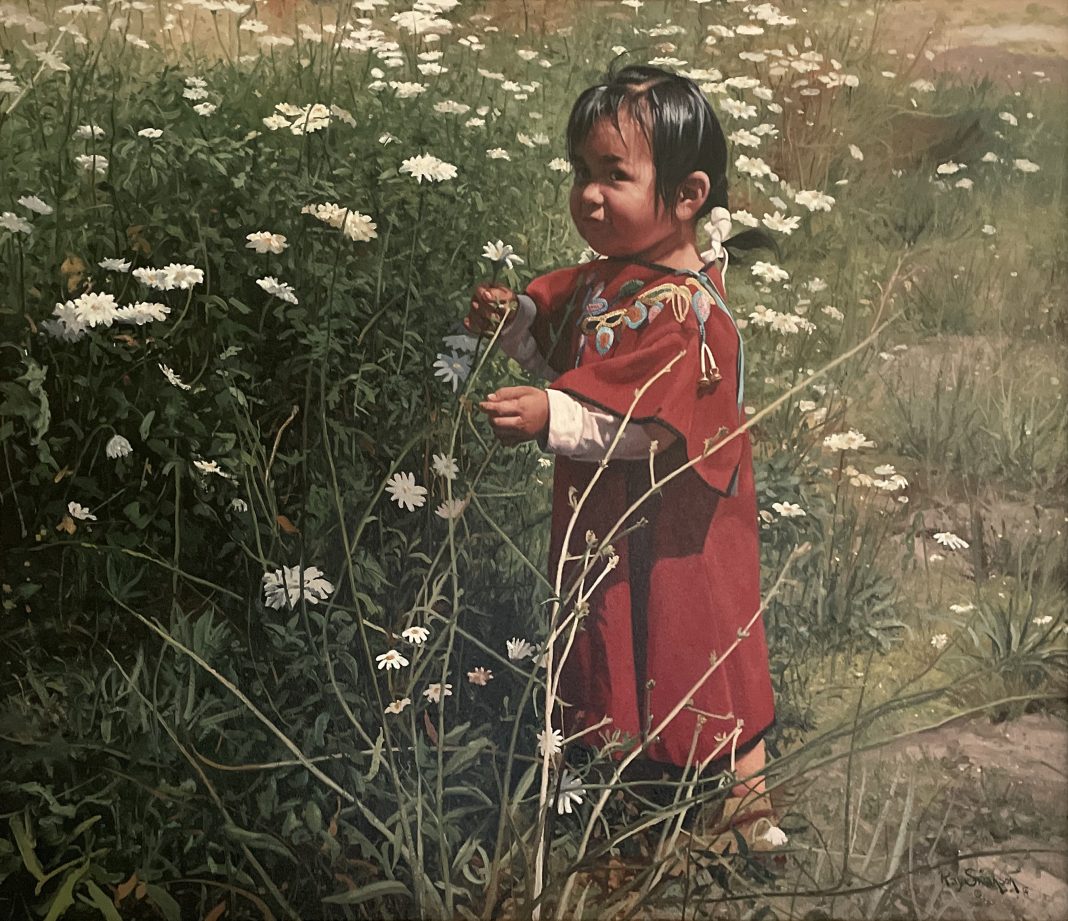 Ray Swanson Daisies Along The Clearwater flower floral Native American girl baby western oil painting