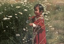 Ray Swanson Daisies Along The Clearwater flower floral Native American girl baby western oil painting