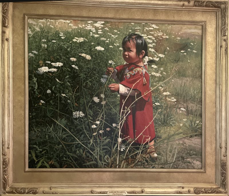 Ray Swanson Daisies Along The Clearwater flower floral Native American girl baby western oil painting framed