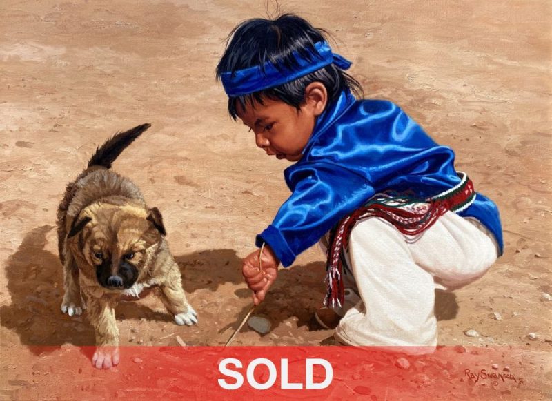 Ray Swanson Pictures In The Sand Native American Indian dog boy figure figurative western oil painting sold
