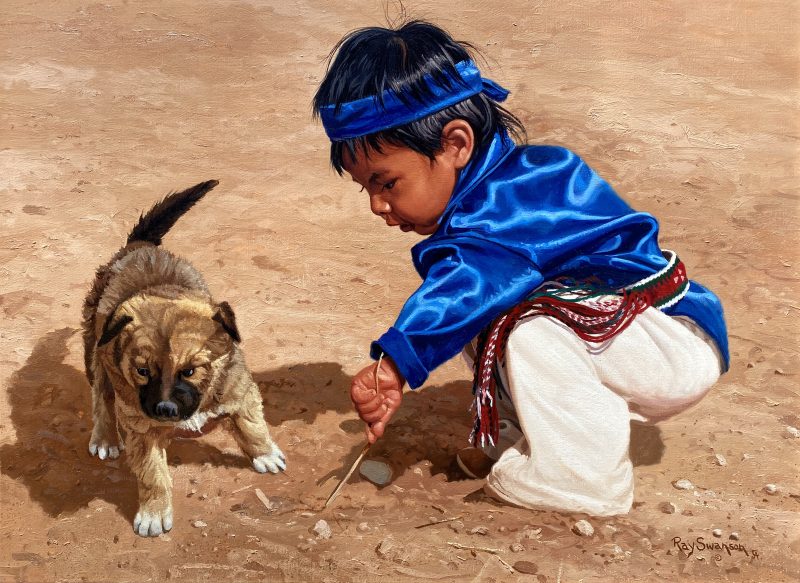 Ray Swanson Pictures In The Sand Native American Indian dog boy figure figurative western oil painting