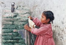 Ray Swanson Slippers Art Too Big, Fountain Is To High Native American Indian girl female woman western oil painting