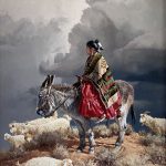 Ray Swanson Storm North Of Tonalea Native American Indian donkey mule jackass figure figurative sheep herding western oil painting sold