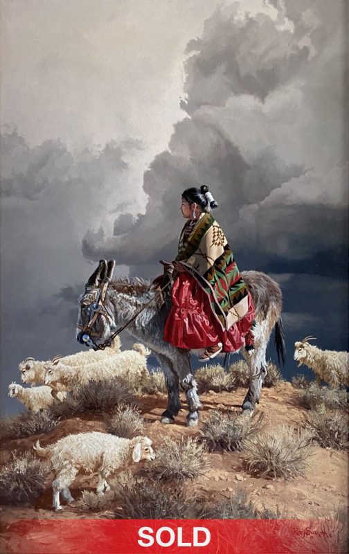 Ray Swanson Storm North Of Tonalea Native American Indian donkey mule jackass figure figurative sheep herding western oil painting sold