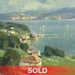 Scott Christensen "April In New Zealand" water lake ocean architecture buildings boat sailboat landscape oil painting sold