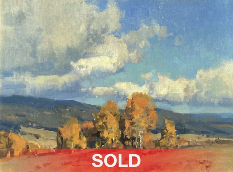 Scott Christensen Rolling Hills clouds mountains fall autumn trees storm western landscape oil painting Montana Idaho Utah Wyoming sold
