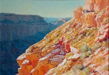 Alan Wolton Evening Shadows On South Kaibab Grand Canyon horses pack monument national natural wonder landscape oil painting