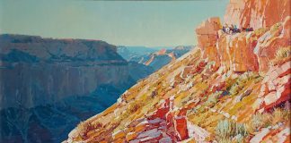 Alan Wolton Evening Shadows On South Kaibab Grand Canyon horses pack monument national natural wonder landscape oil painting