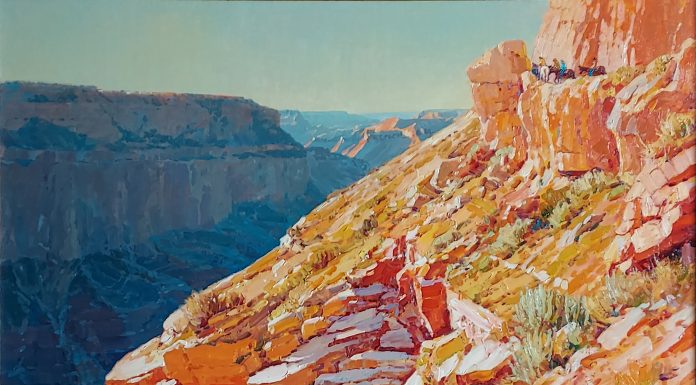 Alan Wolton Evening Shadows On South Kaibab Grand Canyon horses pack monument national natural wonder landscape oil painting