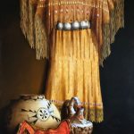Chuck Sabatino Southern Cheyenne Dress still life Native American oil painting Crow flat case Acoma wedding vase Zia bowl oil painting sold
