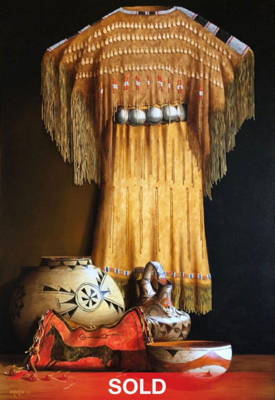 Chuck Sabatino Southern Cheyenne Dress still life Native American oil painting Crow flat case Acoma wedding vase Zia bowl oil painting sold