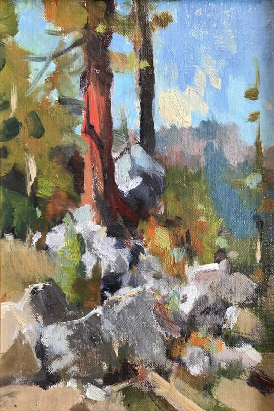 Gene Costanza Over Emerald Bay Lake Tahoe Nevada lake trees mountains rocks western landscape oil painting study