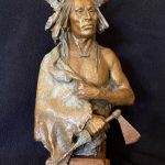 John Coleman Four Bears Native American Indian bust hatchet axe warrior buffalo robe leader elder western bronze scultpure side sold