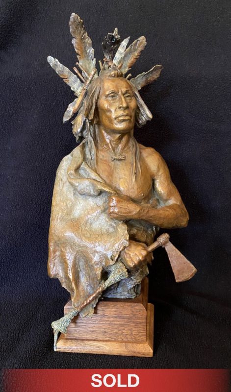 John Coleman Four Bears Native American Indian bust hatchet axe warrior buffalo robe leader elder western bronze scultpure side sold