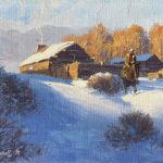 Roy Grinnell Early Winter cowboy snow horse log cabin fire fireplace ranch farm western oil painting