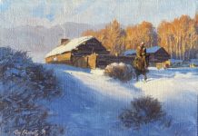 Roy Grinnell Early Winter cowboy snow horse log cabin fire fireplace ranch farm western oil painting