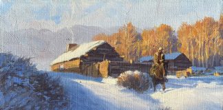 Roy Grinnell Early Winter cowboy snow horse log cabin fire fireplace ranch farm western oil painting