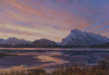 Darcie Peet Kaleidoscope Dawn Banff Canadian Rockies Vermilion Lakes Mt. Rundle landscape oil painting
