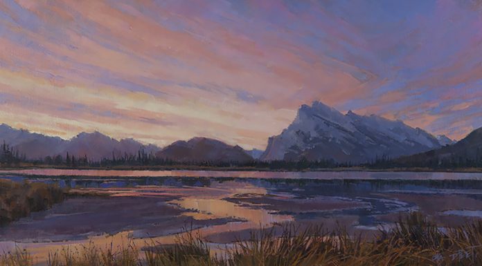 Darcie Peet Kaleidoscope Dawn Banff Canadian Rockies Vermilion Lakes Mt. Rundle landscape oil painting