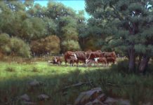 John Cox A Summer Day cows ranch farm Texas western oil painting