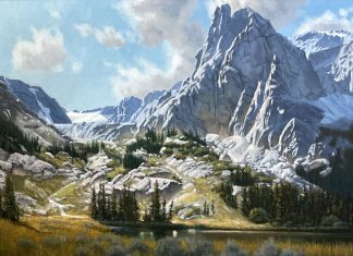 John Cox High Country Lake mountains river stream snow western landscape oil painting