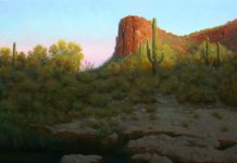 John Cox Late Afternoon On Tortilla Flat Arizona mountain saguaro cactus desert western oil landscape painting
