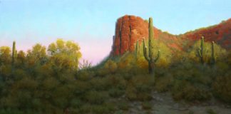 John Cox Late Afternoon On Tortilla Flat Arizona mountain saguaro cactus desert western oil landscape painting