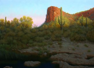 John Cox Late Afternoon On Tortilla Flat Arizona mountain saguaro cactus desert western oil landscape painting