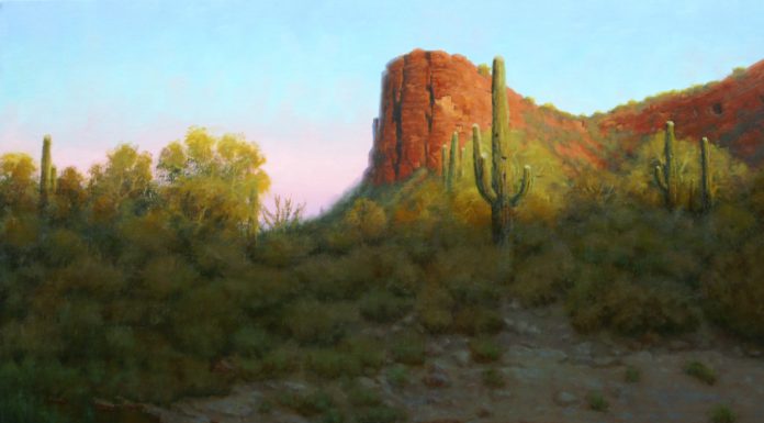 John Cox Late Afternoon On Tortilla Flat Arizona mountain saguaro cactus desert western oil landscape painting