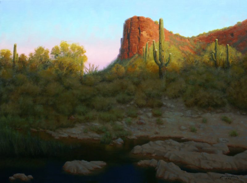 John Cox Late Afternoon On Tortilla Flats Creek Arizona mountain saguaro cactus desert western oil landscape painting