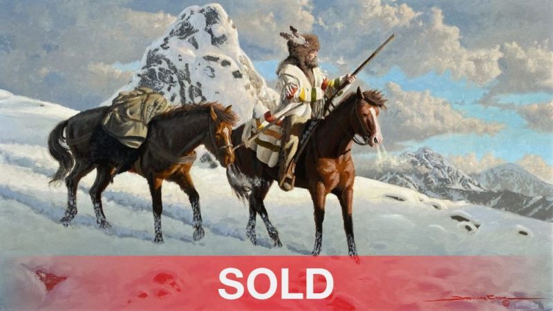 Jonn Cox Over The Divide mountain man trapper cowboy pack horse snow mountains western oil painting sold
